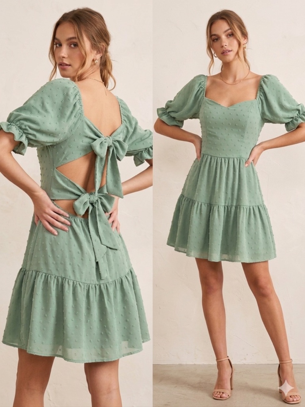 Sage Puff-Sleeve Tie-Back Mini Dress